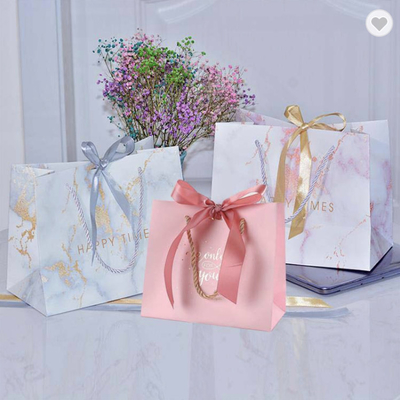 CMYK Small Wedding Ribbon Handle Gift Bags Tas Kertas Terima Kasih 300gsm
