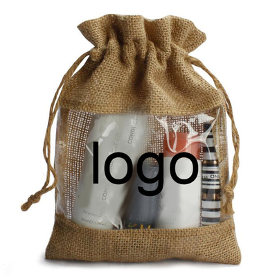 Logo Customized Burlap Favor Bags Serut Christmas Bag Dengan Clear Window
